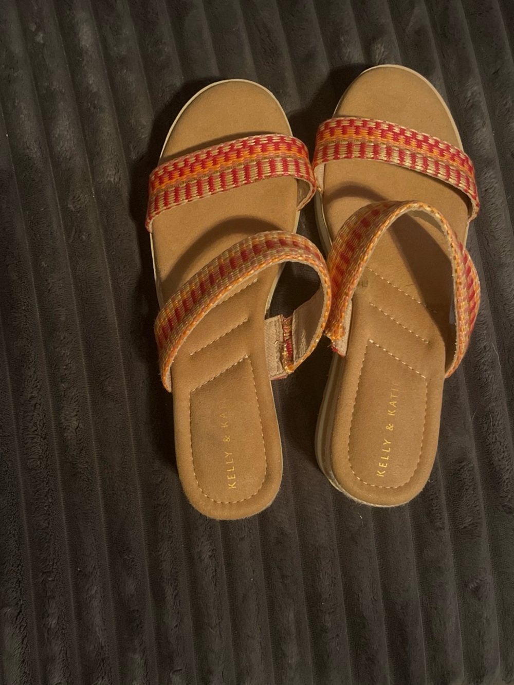 Kelly & Katie Tan Slide Sandals with Red and Orange Woven Straps